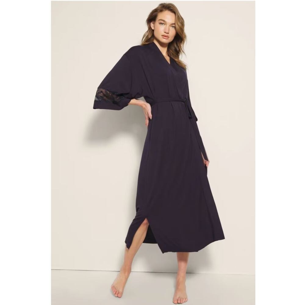 SOMA Cool Nights Sequin Lace Long Robe Navy Blue Loungewear Womens Size S/M